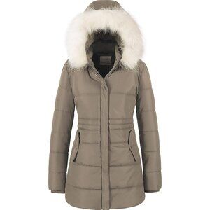 Women's Khaki Long Snow Puffer Hood Jacket Waterproof Removable Faux Fur Trim